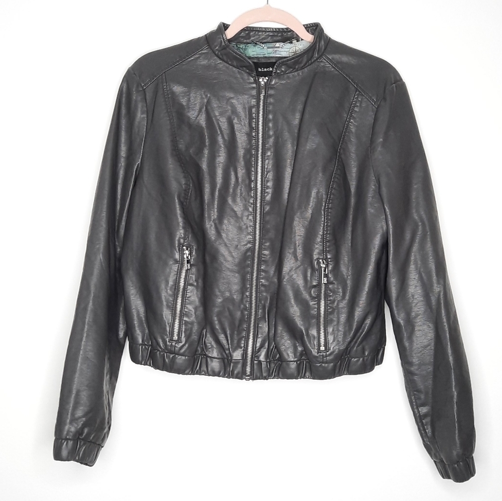 Black Rivet Charcoal Gray Map Lining Faux Leather Jacket L